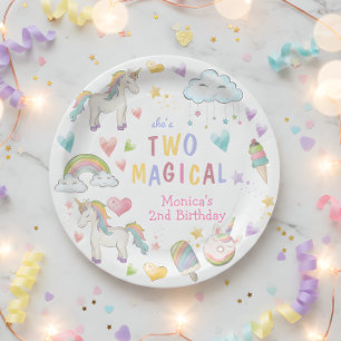 Pastel rainbow unicorn two magical birthday paper plate