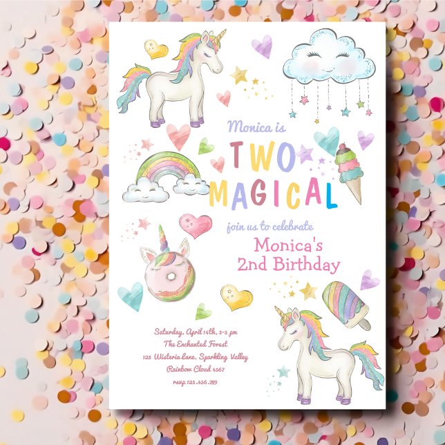 Pastel rainbow unicorn two magical second birthday invitation (Creator Uploaded)