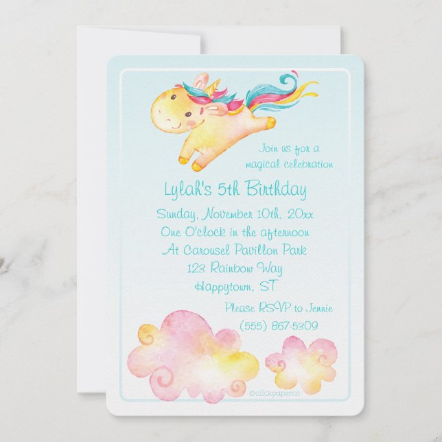 Pastel Rainbow Unicorn with Sweet Clouds Invitation (Front)