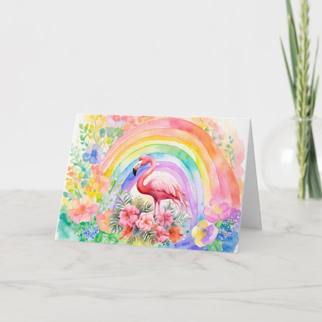 Pastel Rainbow Watercolor Floral Flamingo Card (Front)