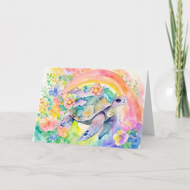 Pastel Rainbow Watercolor Floral Sea Turtle Card (Front)
