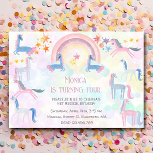 Pastel rainbow watercolor unicorn kids birthday invitation