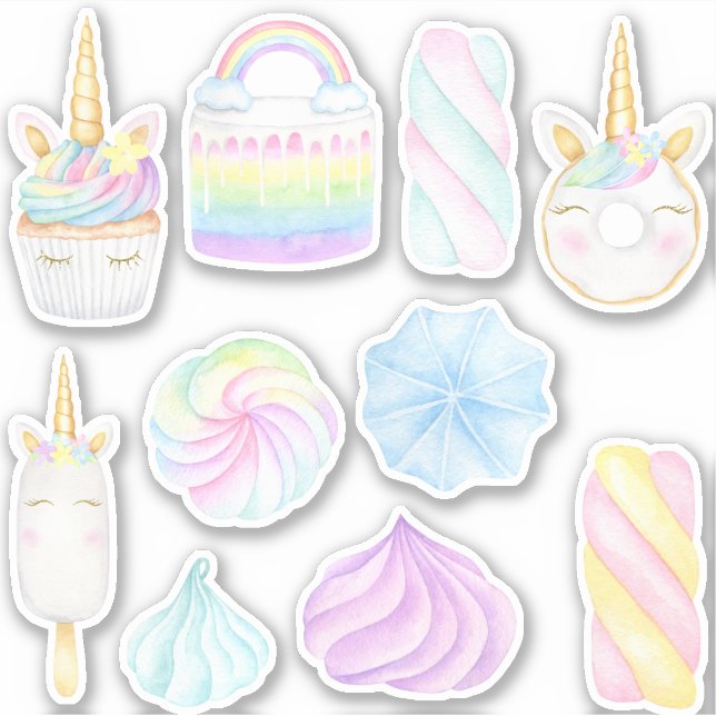 Pastel rainbow watercolor unicorn sweet sticker  (Front)