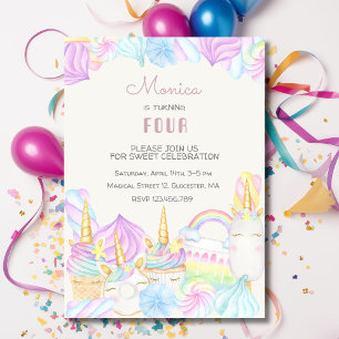 Pastel rainbow watercolor unicorn sweets birthday invitation