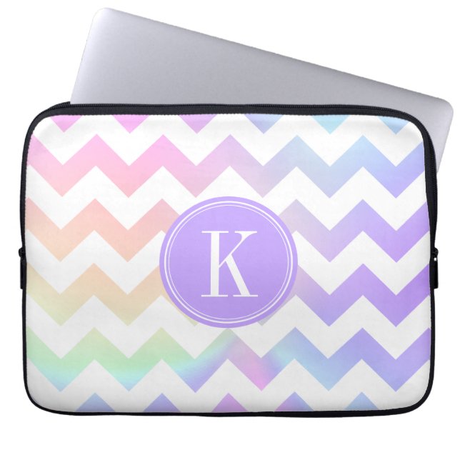 Pastel Rainbow White Chevron Custom Monogram Laptop Sleeve (Front)