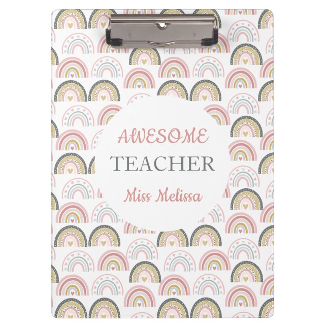 Pastel Rainbow With Heart Pattern Awesome Teacher  Clipboard (Front)