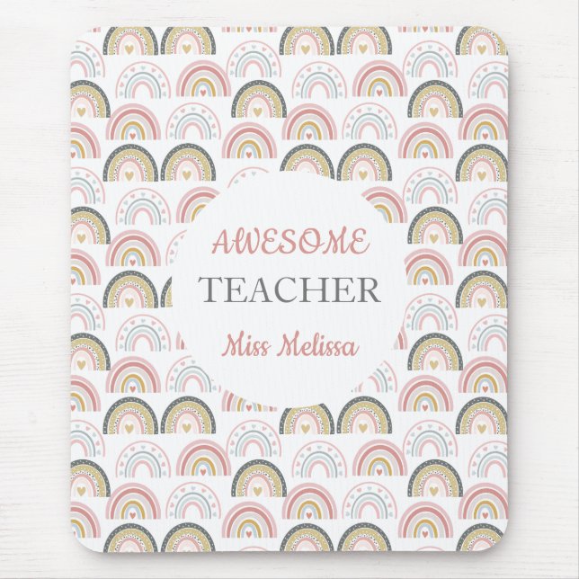 Pastel Rainbow With Heart Pattern Awesome Teacher  Mouse Pad (Front)