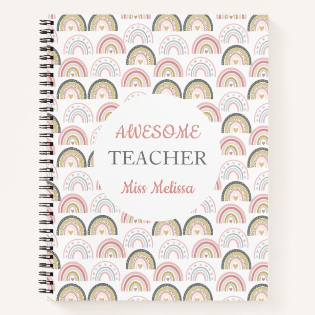 Pastel Rainbow With Heart Pattern Awesome Teacher  Notebook (Front)