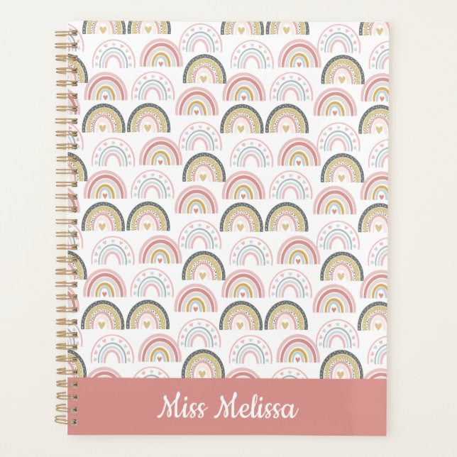 Pastel Rainbow With Heart Pattern Awesome Teacher  Planner (Front)