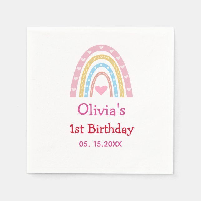 Pastel Rainbow with hearts First birthday party   Napkin (Front)