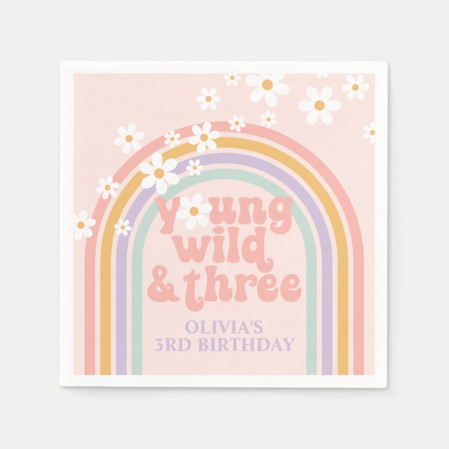 Pastel rainbow young Wild three 3rd birthday Napkin (Front)