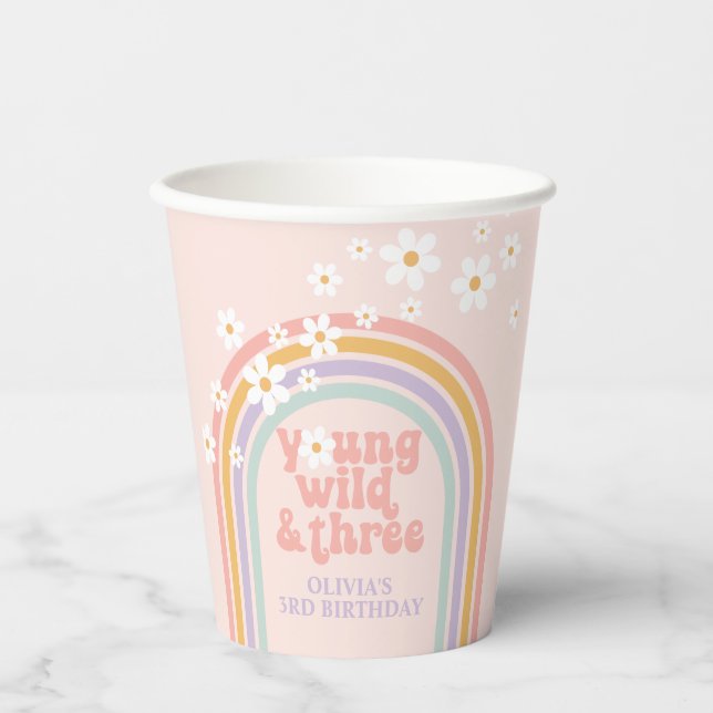 Pastel rainbow young Wild three 3rd birthday Paper Cups (Front)