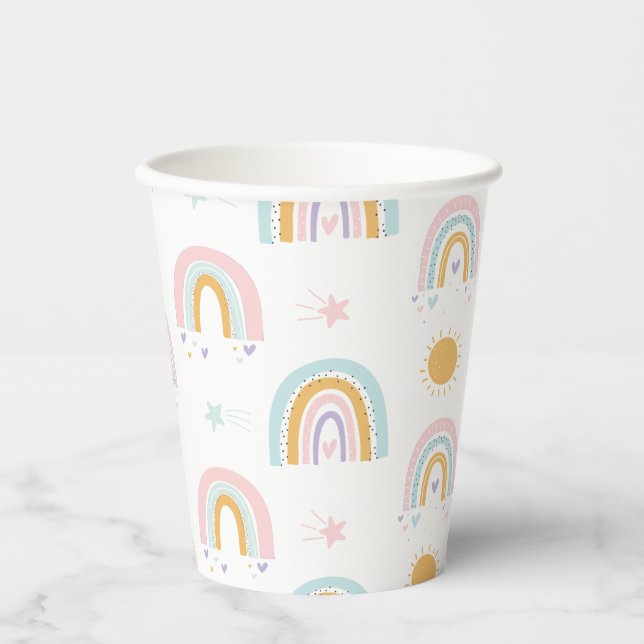 Pastel Rainbows and suns birthday party Paper Cups (Front)