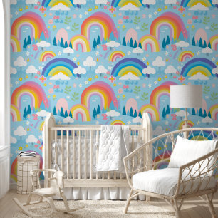 Pastel Rainbows Flowers and Clouds Nursery Wallpaper