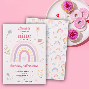 Pastel Rainbows Girl Wildflowers Hearts Birthday Invitation