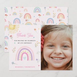 Pastel Rainbows Girly Wildflowers Birthday Photo Thank You Card