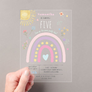 Pastel Rainbows Girly Wildflowers Hearts Birthday Acrylic Invitations