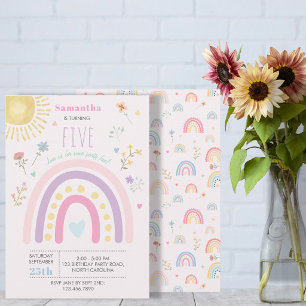 Pastel Rainbows Girly Wildflowers Hearts Birthday Invitation