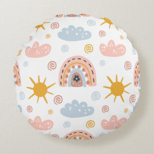 Pastel Rainbows & Sunburst Swirls Pattern Round Cushion