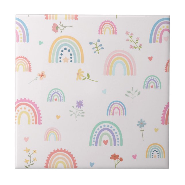 Pastel Rainbows Wildflowers Hearts Girly Nursery Ceramic Tile (Front)