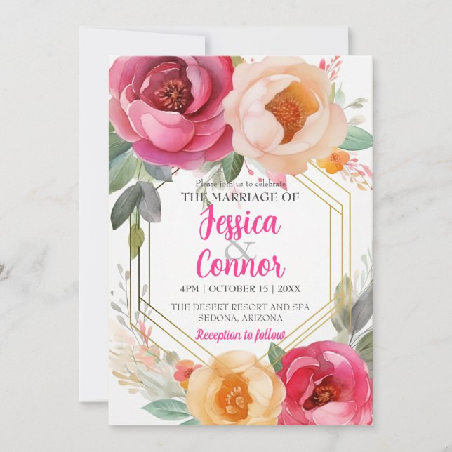 Pastel Ranunculus Floral Wedding Gold Frame Custom Invitation (Front)