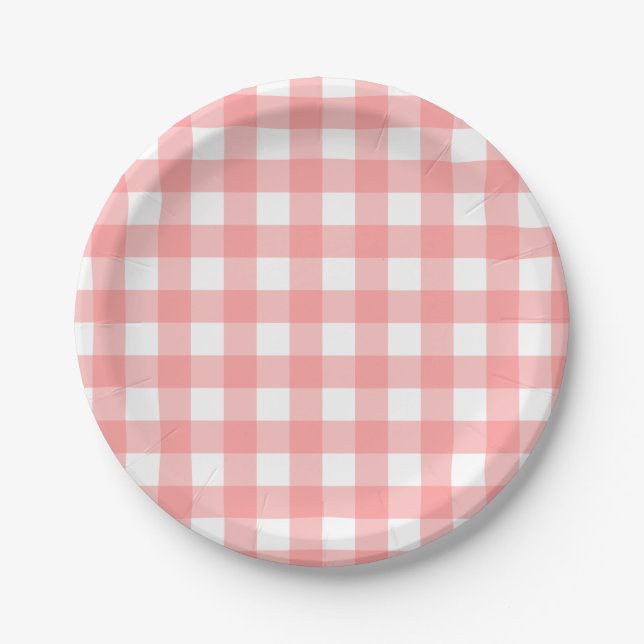 Pastel Raspberry Red Easter Plaid Pattern Paper Plate (Front)