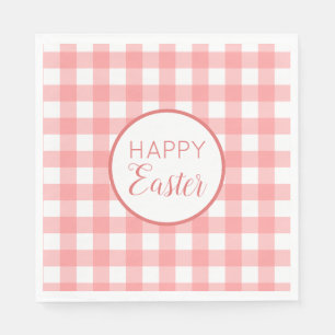Pastel Raspberry Red Happy Easter Plaid Pattern Napkin