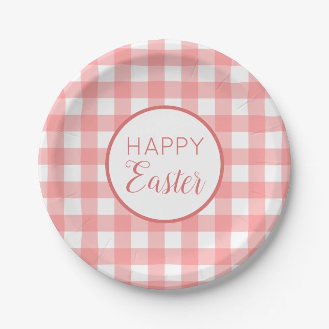 Pastel Raspberry Red Happy Easter Plaid Pattern Paper Plate (Front)