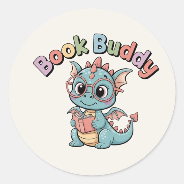 Pastel Reading Dragon Book Buddy Sticker (Front)
