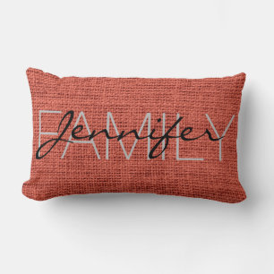 Pastel Red Burlap Rustic Monogram Lumbar Cushion