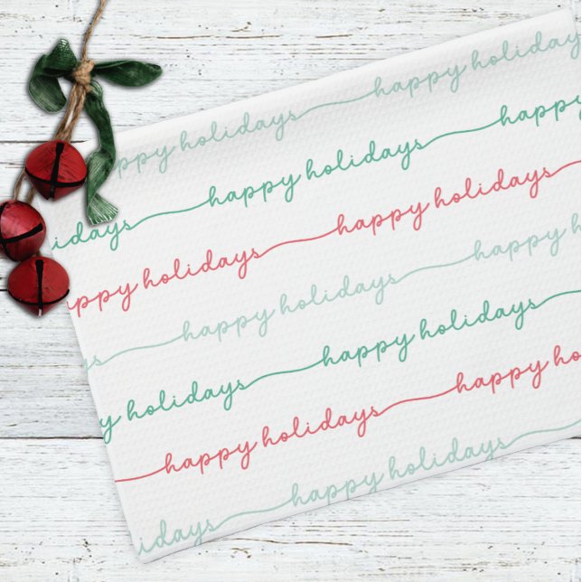 Pastel Red Green Happy Holidays Script Christmas  Tea Towel (Creator Uploaded)