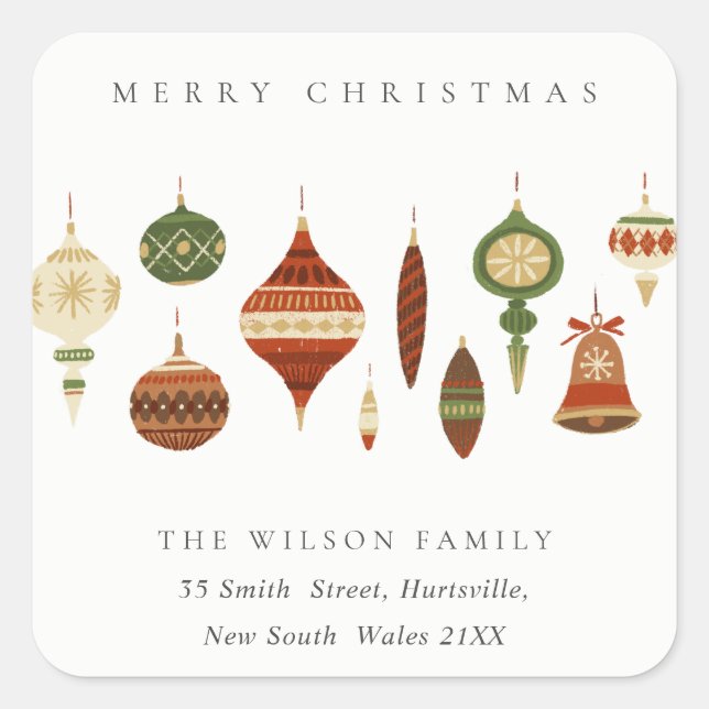 PASTEL RED GREEN STAR CHIRSTMAS ORNAMENTS ADDRESS SQUARE STICKER (Front)