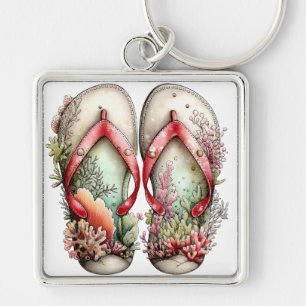 PASTEL RED & GREEN SUMMER FLIP FLOPS KEY RING
