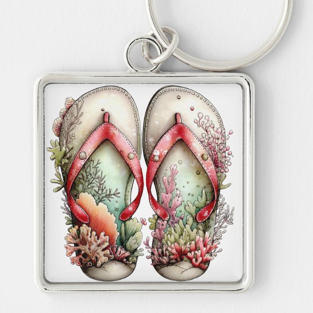 PASTEL RED & GREEN SUMMER FLIP FLOPS KEY RING (Front)