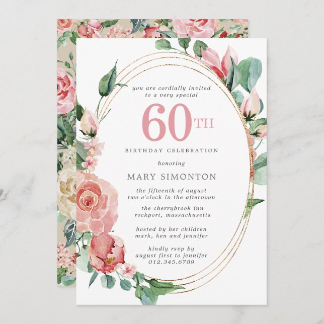 Pastel Red Rose Floral 60th Birthday Party Invitation (Front/Back)