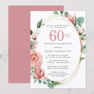 Pastel Red Rose Floral 60th Birthday Party Invitation