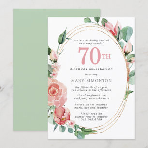 Pastel Red Rose Floral 70th Birthday Party Invitation