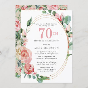 Pastel Red Rose Floral 70th Birthday Party Invitation
