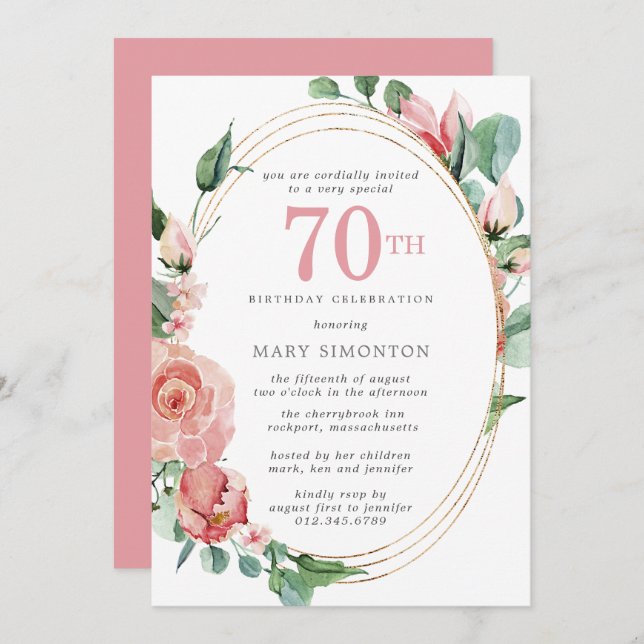 Pastel Red Rose Floral 70th Birthday Party Invitation (Front/Back)