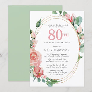 Pastel Red Rose Floral 80th Birthday Party Invitation