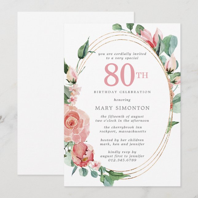 Pastel Red Rose Floral 80th Birthday Party Invitation (Front/Back)
