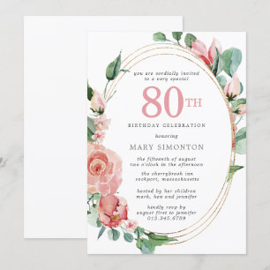 Pastel Red Rose Floral 80th Birthday Party Invitation