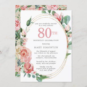 Pastel Red Rose Floral 80th Birthday Party Invitation