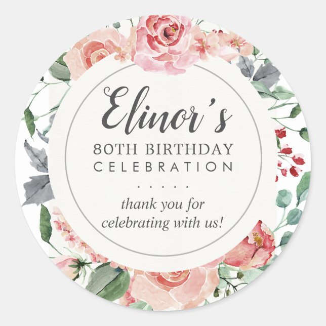 Pastel Red Rose Floral 80th Birthday Thank You Classic Round Sticker (Front)