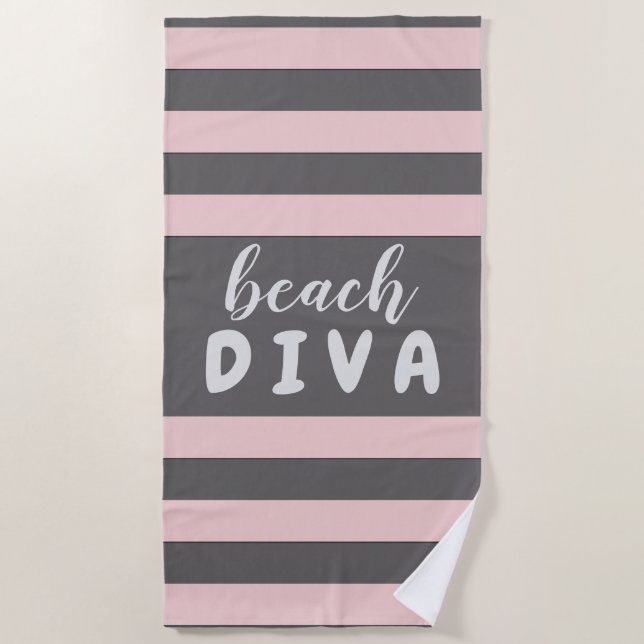 Pastel Red Stripes with Custom Text Beach DIVA Beach Towel (Front)