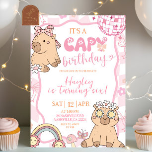 Pastel Retro Capybara Girl Birthday party Invitation
