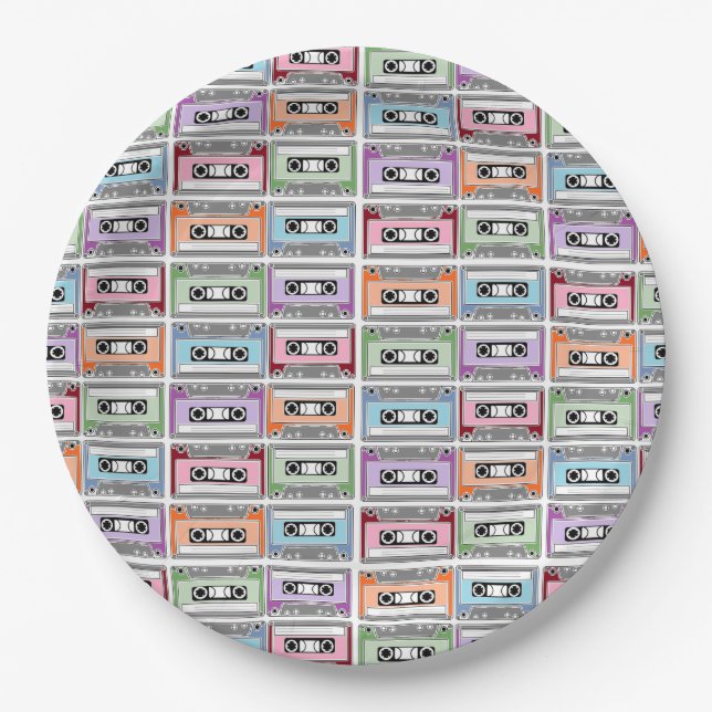 Pastel Retro Cassette Tapes Pattern Paper Plate (Front)