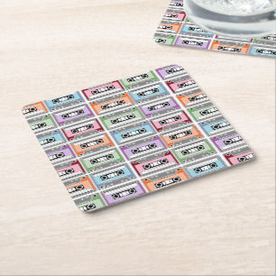 Pastel Retro Cassette Tapes Pattern Square Paper Coaster