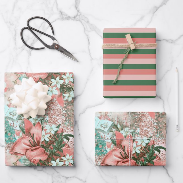 Pastel Retro Christmas Vignette Wrapping Paper Sheet (Front)