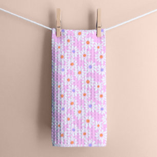 Pastel Retro Daisy Florals on Pale Pink Tea Towel